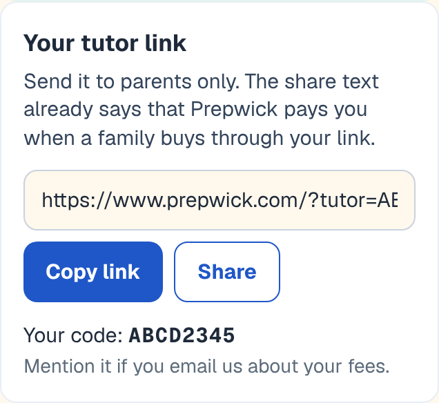 The tutor link box after sign-up: the link, a Copy link button, a Share button and the tutor's code.