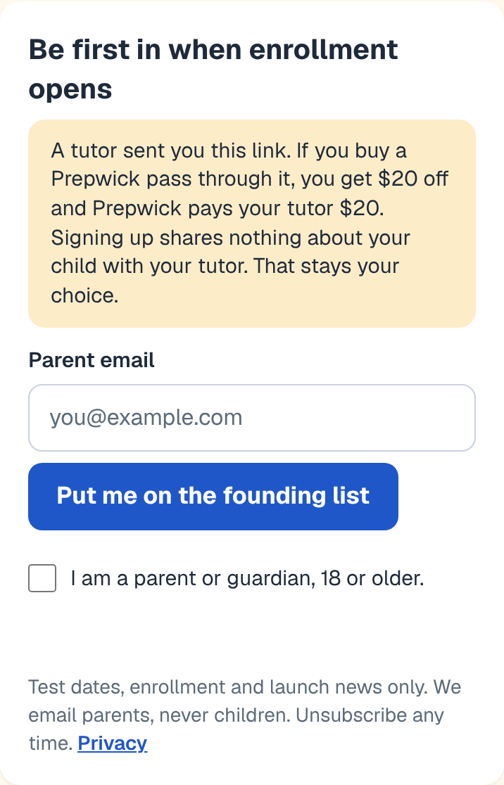 What a parent sees when they open a tutor link: the sign-up card with a note about the tutor's fee and the parent's discount.